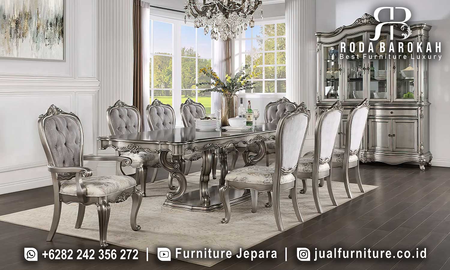 Model Set Meja Makan Mewah Palermo Sentuhan Klasik FS1015 hadir dengan kaki meja ukiran dan finishing cat duco elegan, sempurna untuk hunian modern Anda.