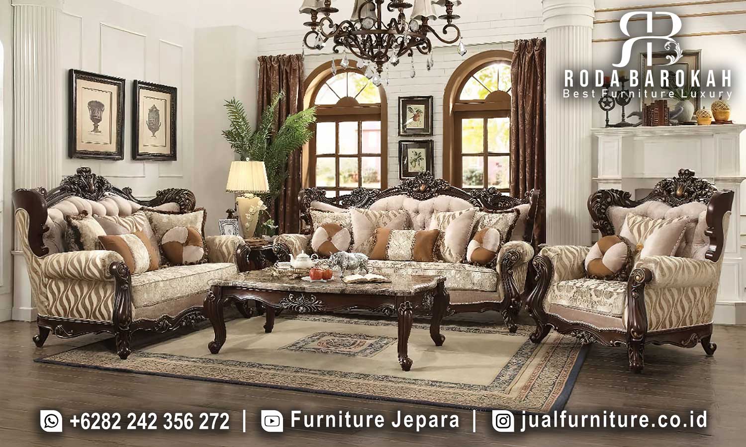 Model Set Sofa Mewah Jepara Venesia Tampilan Klasik FS1019 hadir dengan kayu jati finishing H glossy, desain elegan, serta busa densitas tinggi yang menambah kenyamanan ruang tamu Anda.