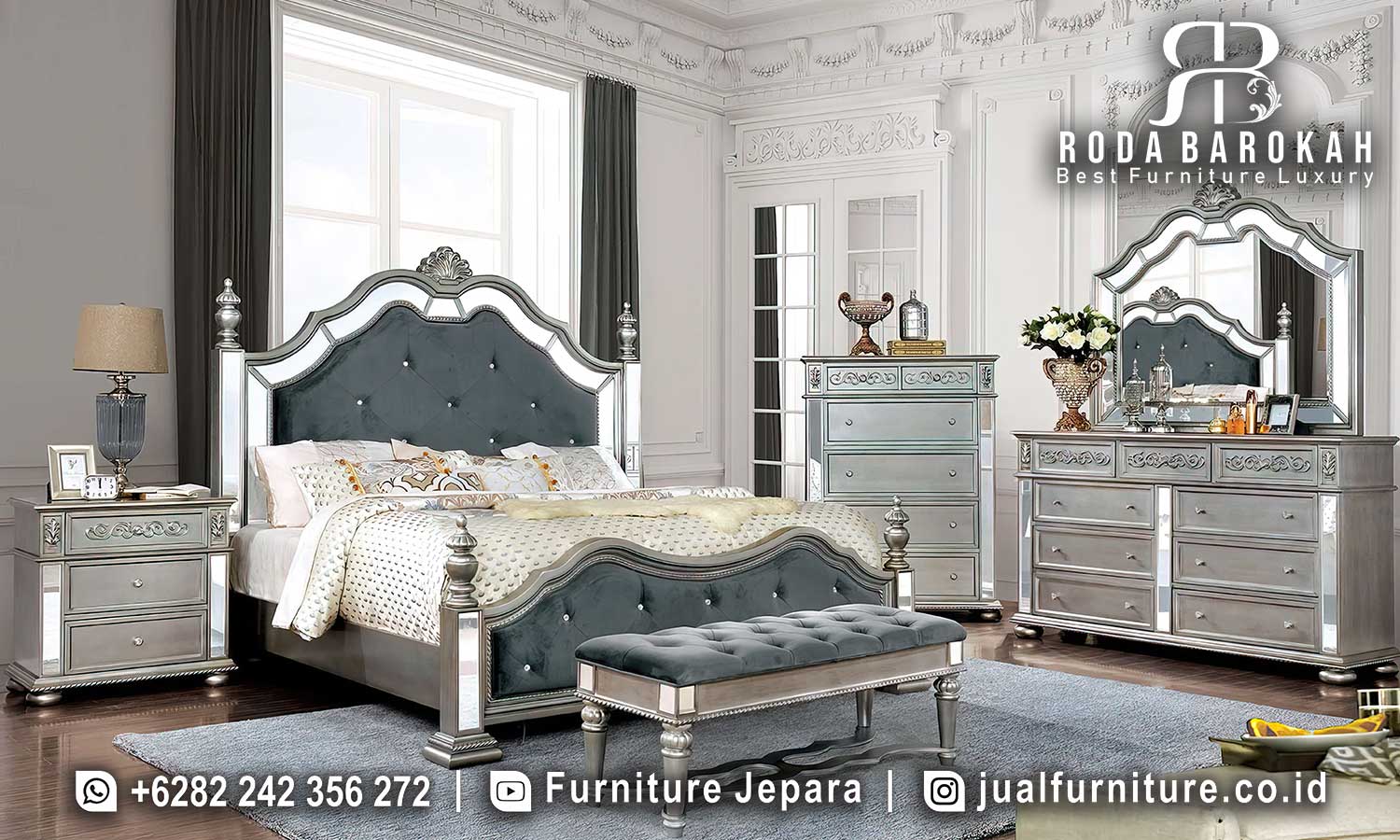 Model Tempat Tidur Minimalis Mewah Versailles Bernuansa Antik FS1012 terbuat dari kayu jati dengan kain bludru, menawarkan elegansi dan multifungsi dengan meja rias dan lampu.