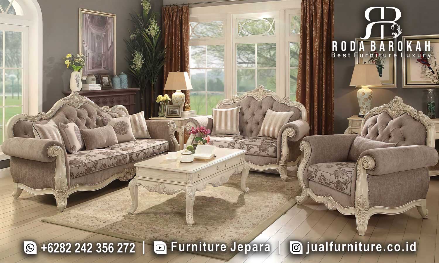 Populer Sofa Tamu Mewah Positano Relief Halus FS1079 terbuat dari kayu jati dengan finishing ducat, menghadirkan nuansa elegan dan klasik untuk ruang tamu.