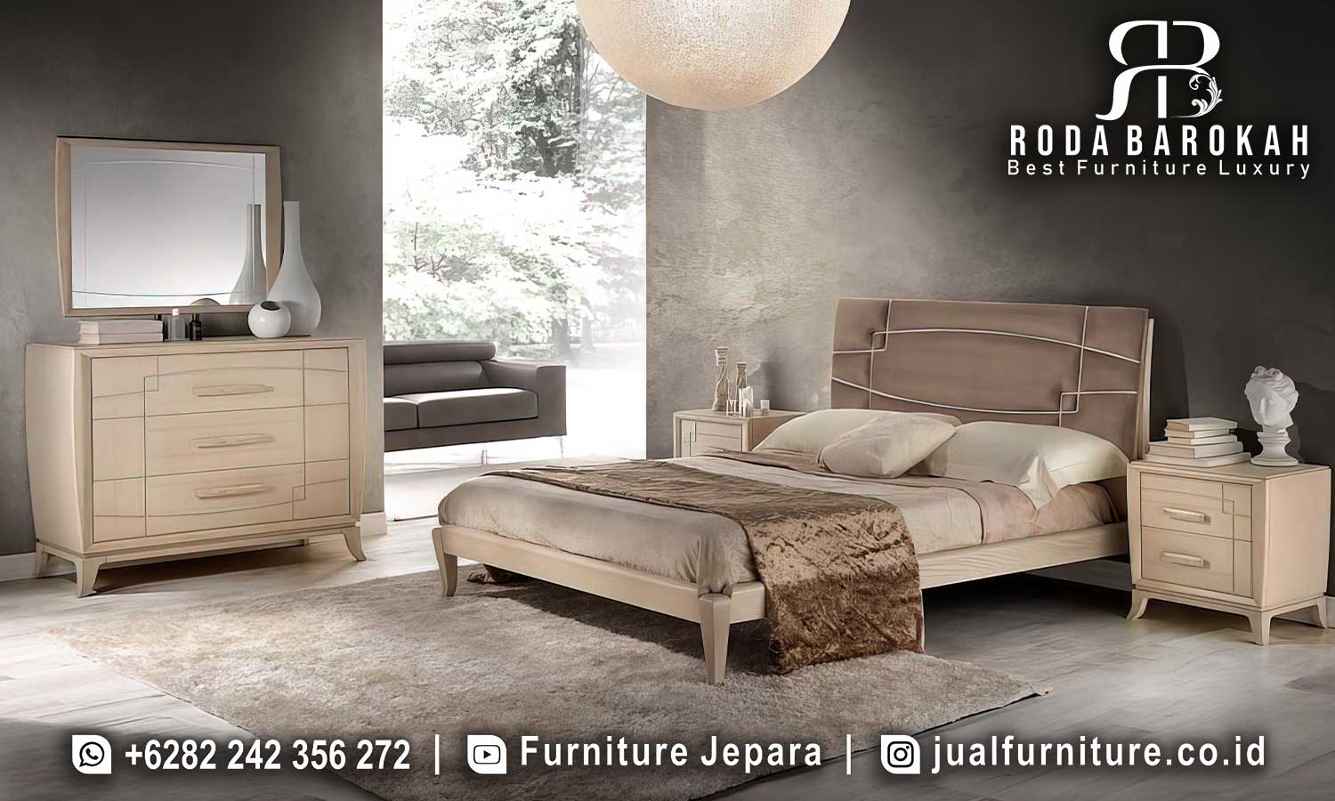 Set Kamar Tidur Mewah Mantova Handmade Jepara FS-961 menawarkan desain elegan dengan kayu jati finishing doff dan jahitan rapi, sempurna untuk dekorasi modern minimalis.
