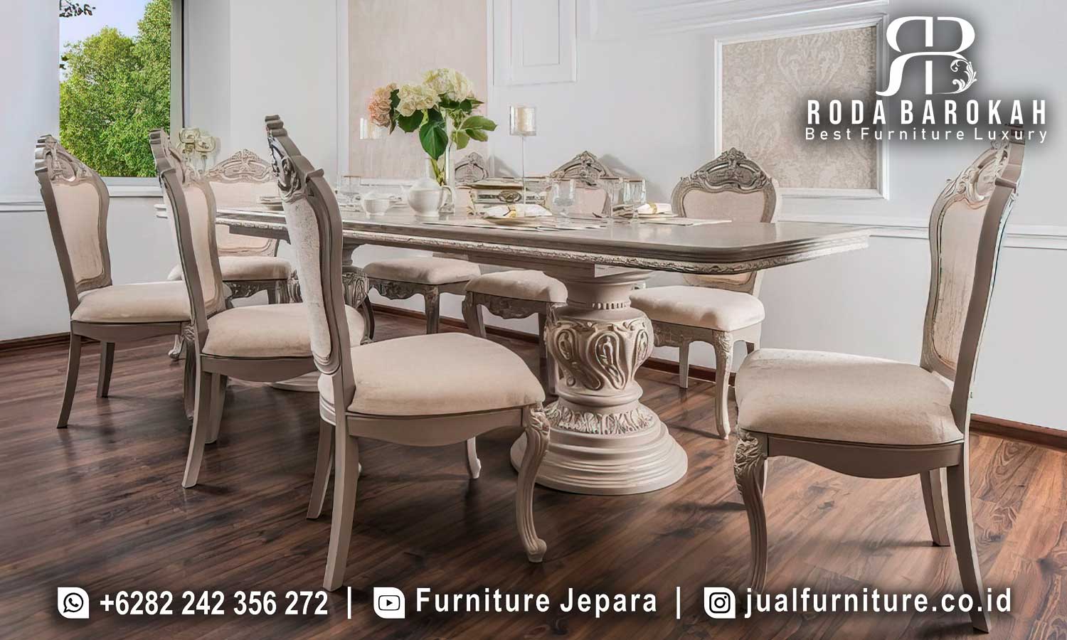 Set Meja Ruang Makan Mewah Magnifico Pahatan Halus FS-956 hadir dengan kayu jati dan pilar tengah ukiran elegan untuk menambah kemewahan ruang makan Anda.