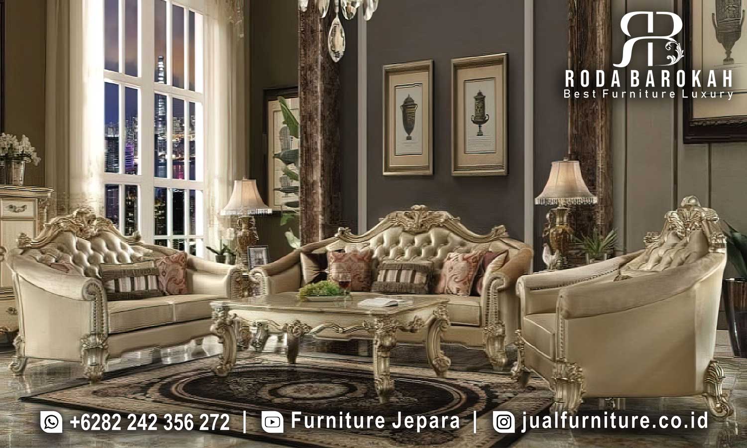 Set Sofa Tamu Mewah Jepara Sovrano Kesan Refined FS1080 terbuat dari kayu jati dengan finishing doff gold, memancarkan elegan yang klasik dan nyaman untuk ruang tamu Anda.