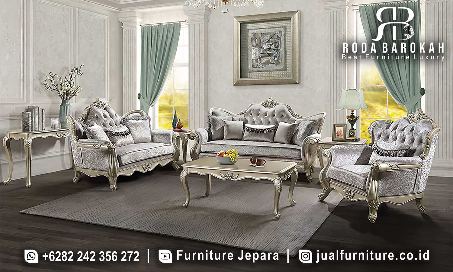 Sofa Tamu Jepara Jati dengan desain klasik modern ini, dilengkapi busa density dan kaki ornamen emas, sempurna untuk ruang tamu elegan Anda.