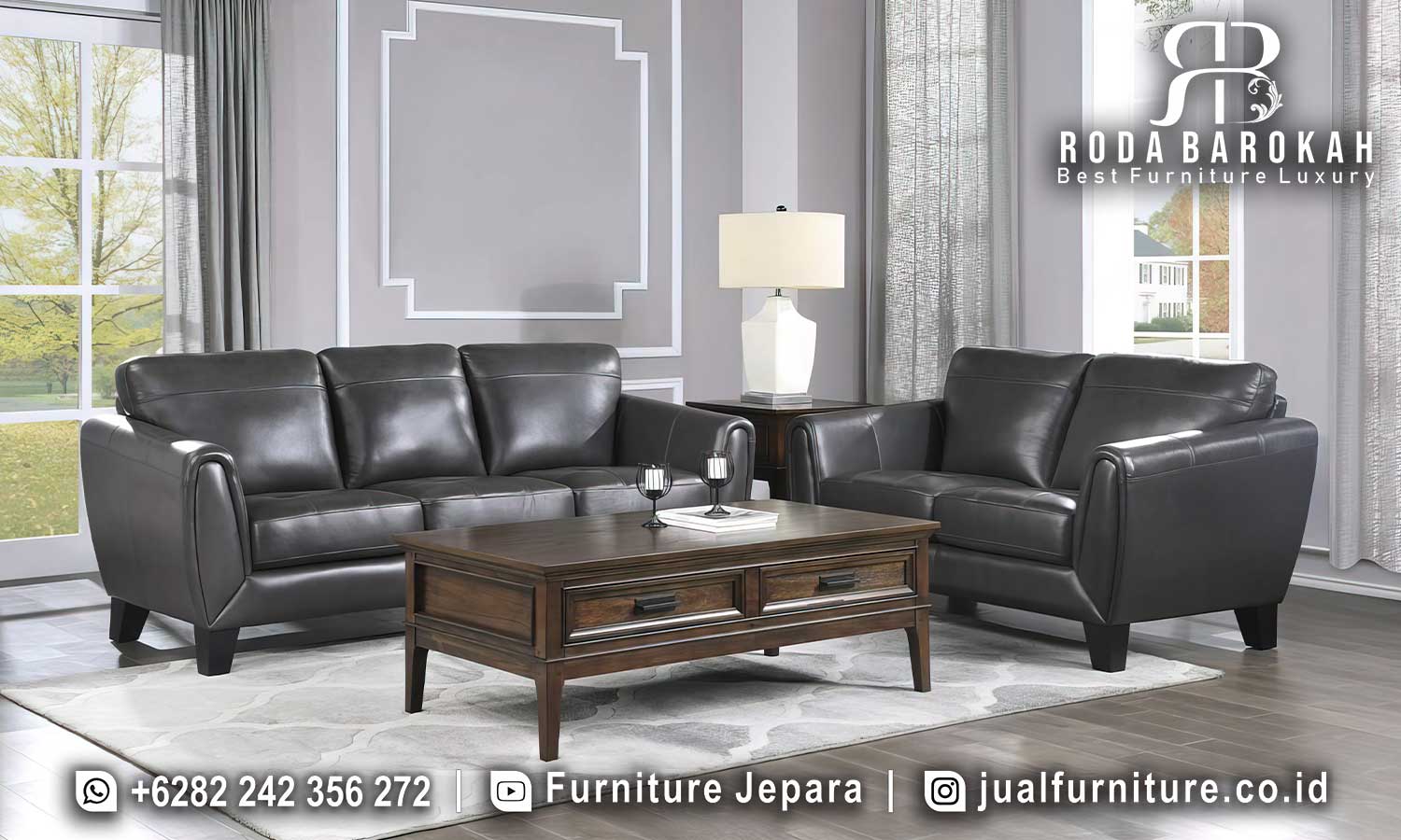Sofa Tamu Kulit Asli Mewah Victoria Anti Jamur FS-958, hadir dengan rangka kayu jati dan busa density, sempurna untuk gaya minimalis modern dan elegan.