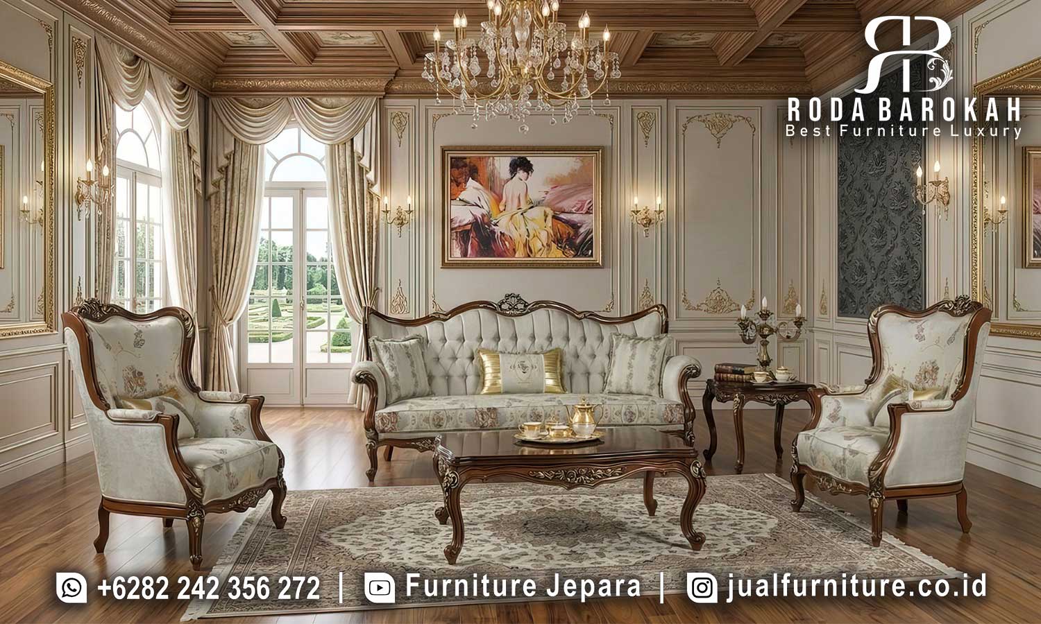 Sofa Tamu Mewah Jati Versailles Kesan Antik FS-993 menghadirkan elegansi klasik dengan rangka kayu jati dan finishing gold doff untuk ruang tamu Anda.
