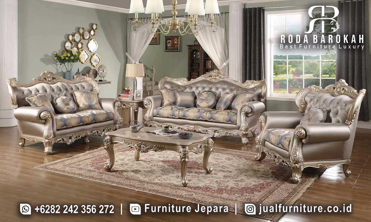 Sofa Tamu Mewah Jepara Sovrano Motif Klasik FS1007 hadir dengan rangka kayu jati, busa tebal, dan finishing emas kilap, sempurna untuk ruang tamu elegan Anda.