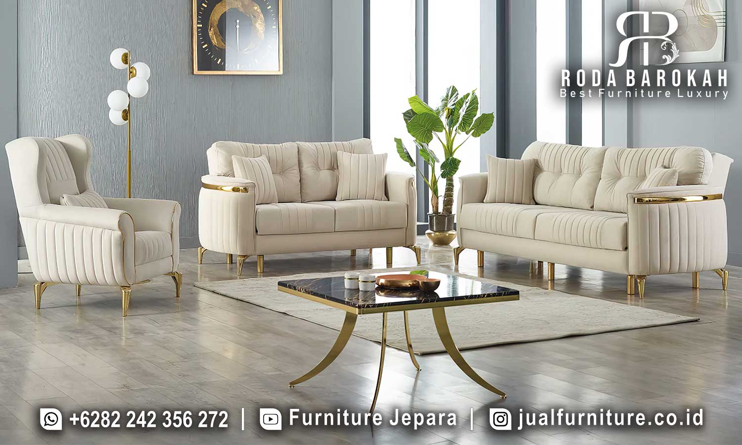 Sofa Tamu Mewah Modern Dubrovnik Detail Ornamen FS1005 menawarkan kenyamanan maksimal dengan busa density dan kaki emas, sempurna untuk ruang tamu elegan.