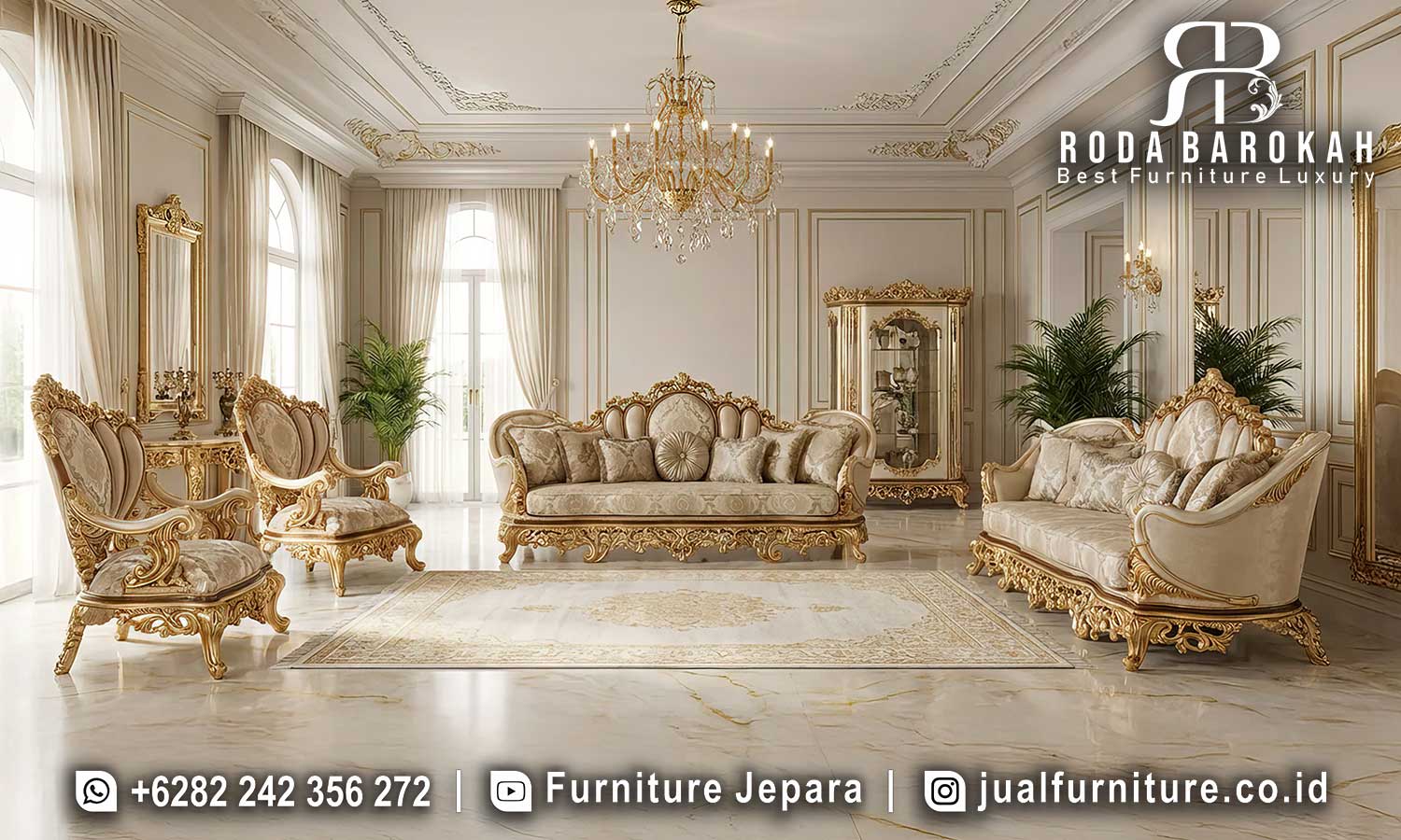 Sofa Tamu Mewah Terbaru Lucca Karya Jepara FS1017, menggunakan kayu jati dan finishing emas, sempurna untuk meningkatkan nuansa luksuri ruang tamu Anda.