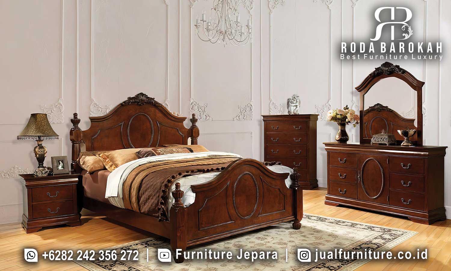 Tempat Tidur Jati Mewah Venesia Desain Prestisius FS1009 dengan material kayu jati berfinishing glossy brown dan desain ukiran elegan, sempurna untuk ruang tidur klasik modern Anda.