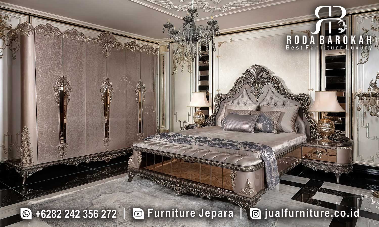 Tempat Tidur Mewah Klasik Bellezza Kesan Refined FS1095 hadir dengan rangka kayu jati dan finishing hollow metal silver, memberikan sentuhan elegan pada ruang tidur Anda.