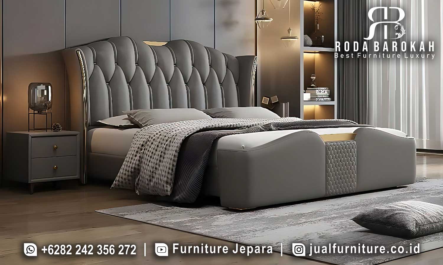 Tempat Tidur Mewah Modern Perugia Awet Digunakan FS-985 terbuat dari kayu jati dengan finishing HPL dan dilengkapi storage, sempurna untuk ruang elegan.