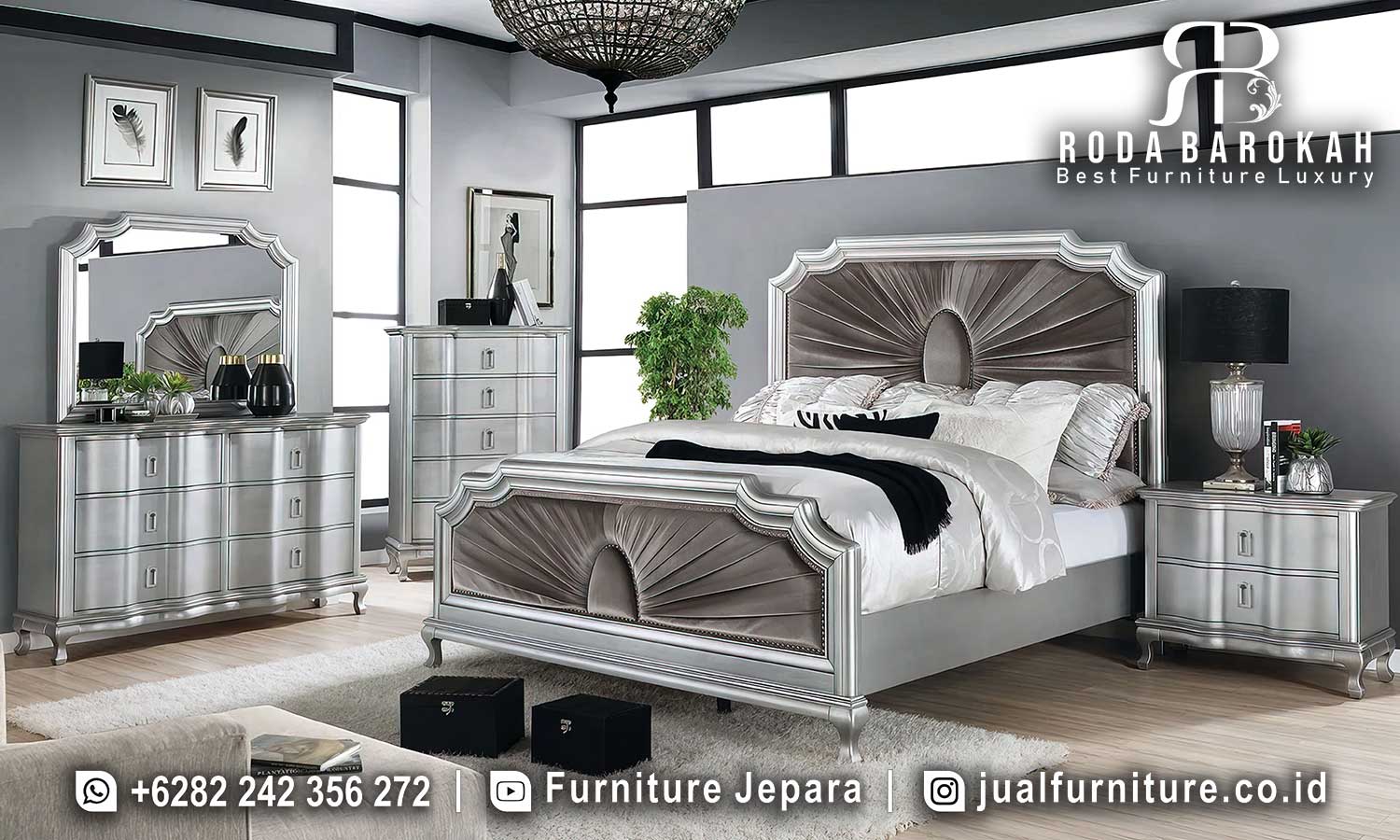 Tempat Tidur Mewah Modern Tuscany Sambungan Kuat FS1011 terbuat dari kayu jati dengan headboard ukiran dan finishing silver, sempurna modern minimalis.