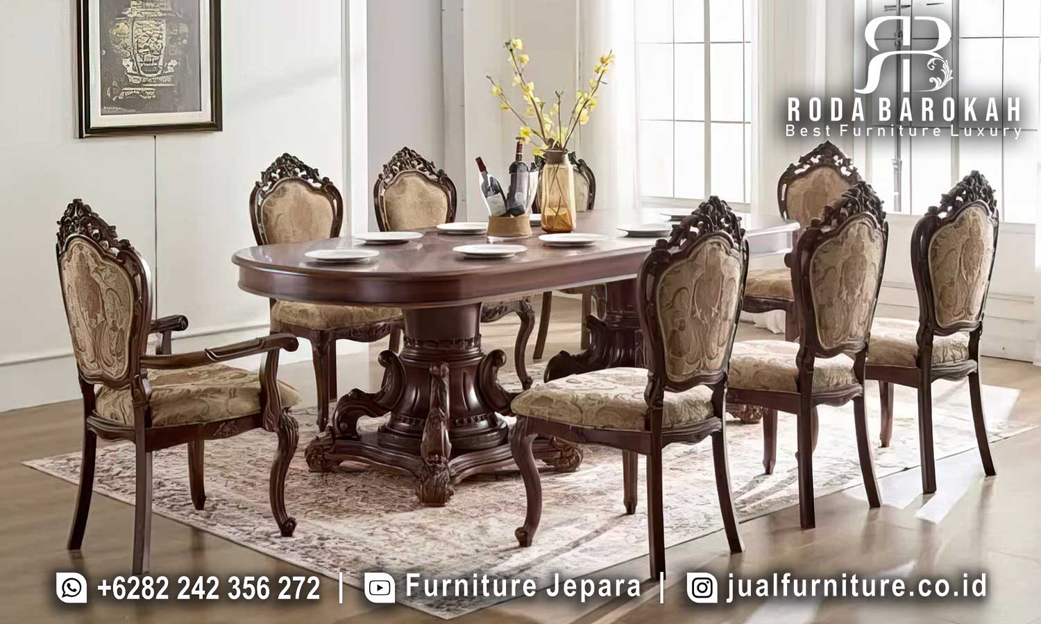 Best Seller Meja Makan Mewah Dubrovnik Kesan Elegan FS1158 terbuat dari kayu jati dengan finishing doff brown dan pilar tengah unik, sempurna untuk suasana klasik modern.