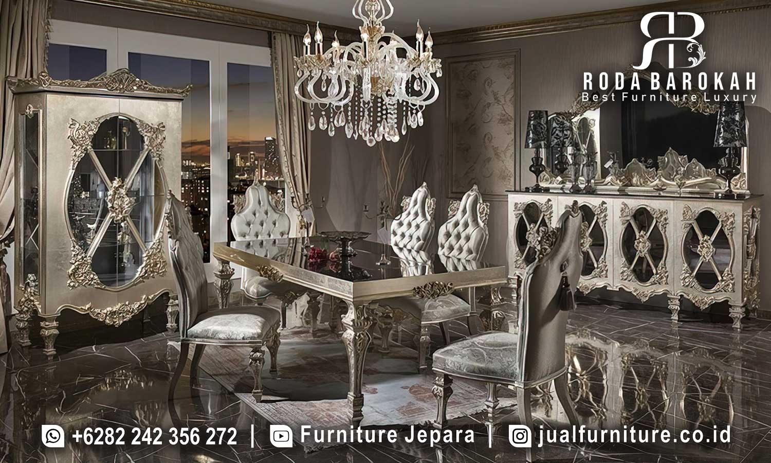 Desain Set Ruang Makan Mewah Granada Anti Lembab FS1256 hadir dengan kayu jati dan kaki meja ukiran yang elegan, sempurna untuk nuansa klasik modern di rumah Anda.