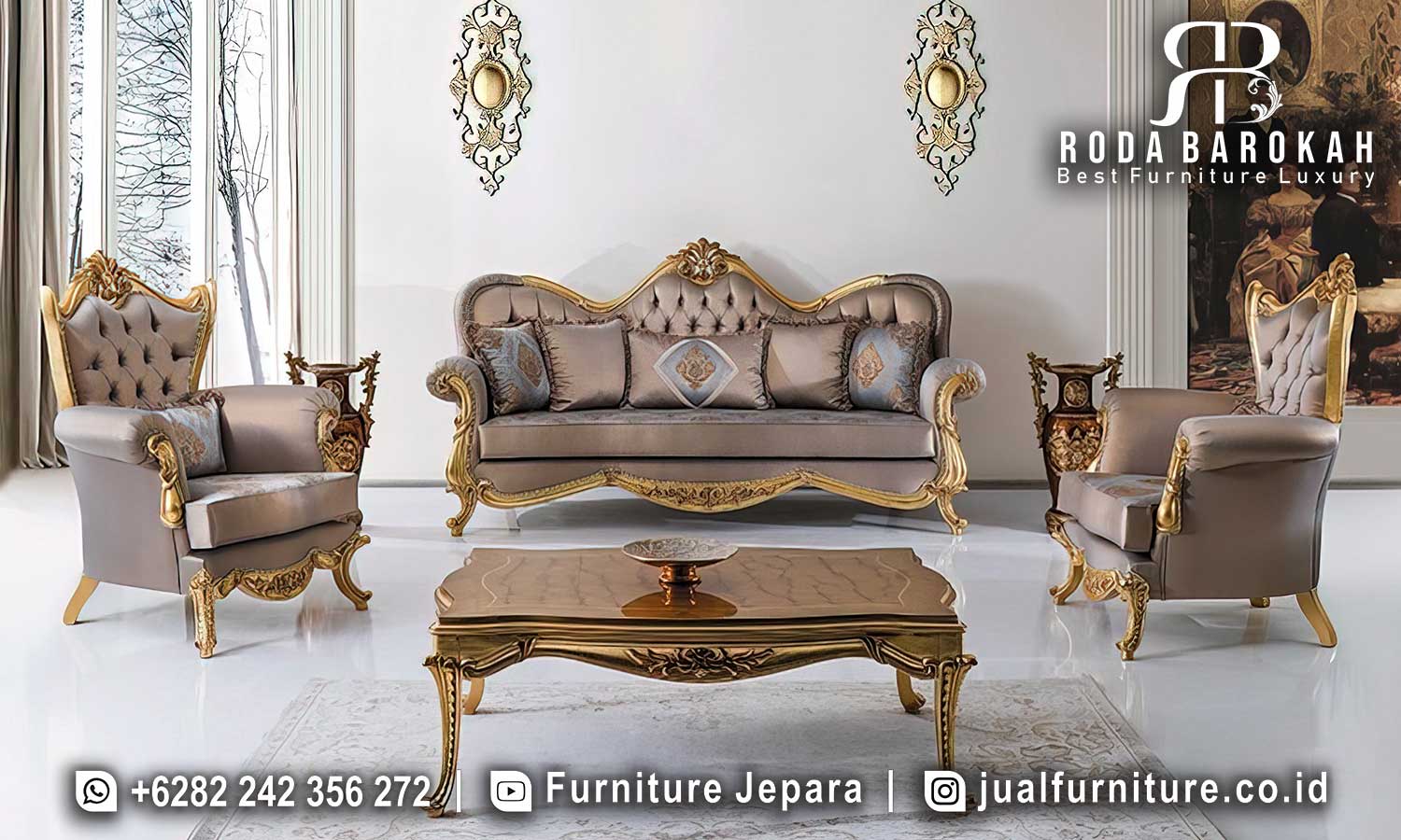 Desain Sofa Tamu Mewah Napoleon Bernuansa Antik FS1269 menawarkan keindahan elegan dengan rangka kayu jati dan finishing duco emas, sempurna untuk ruang tamu berkelas Anda.