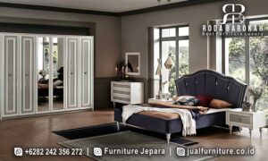 Desain Tempat Tidur Mewah Modern Santorini Standar Ekspor FS1276 dengan rangka kayu jati dan finishing doff yang elegan, sempurna untuk tidur dan penyimpanan.