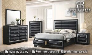 Jual Kamar Tidur Minimalis Modern dengan desain elegan, kayu jati HPL dan detail jahitan tepi, sempurna untuk penyimpanan dan kenyamanan Anda.
