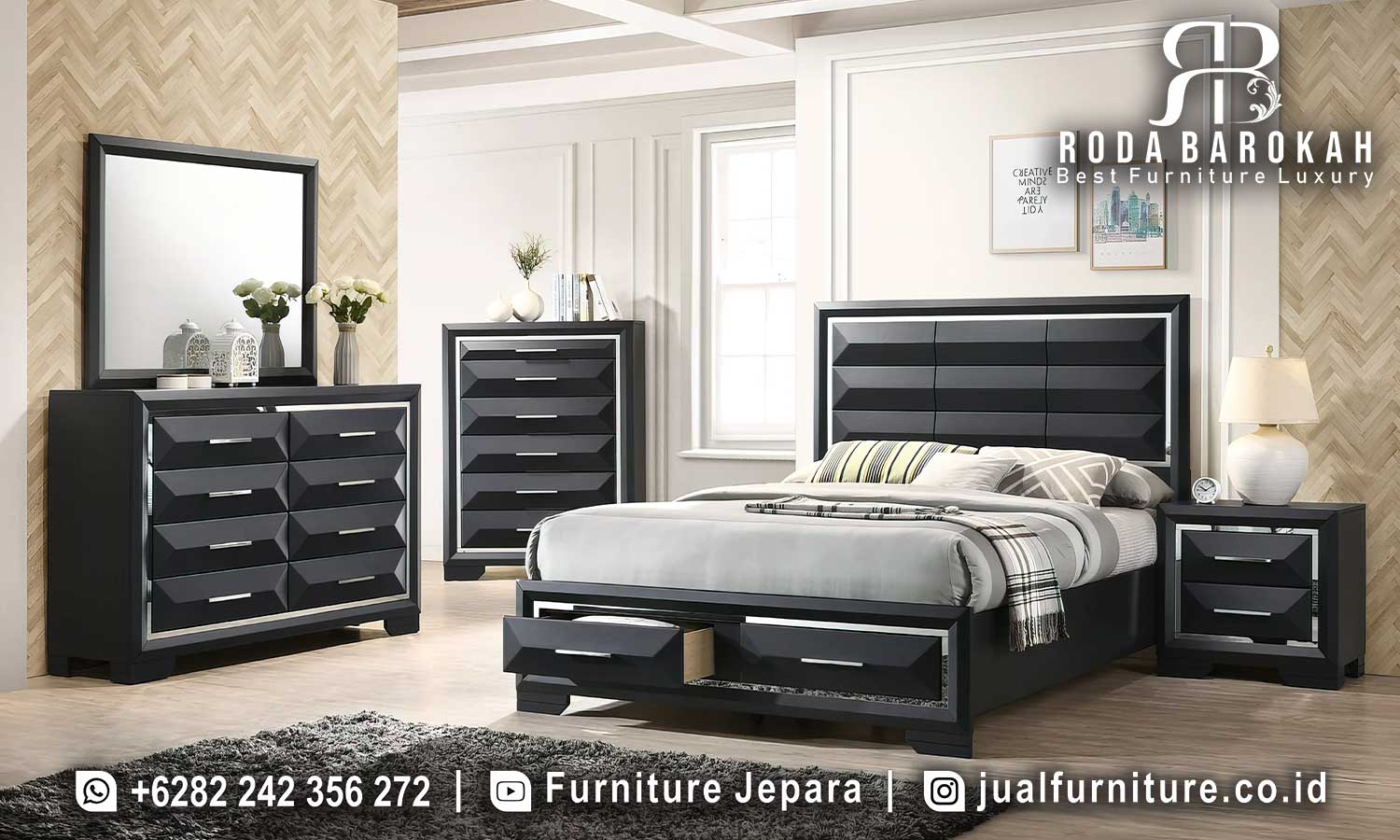 Jual Kamar Tidur Minimalis Modern dengan desain elegan, kayu jati HPL dan detail jahitan tepi, sempurna untuk penyimpanan dan kenyamanan Anda.