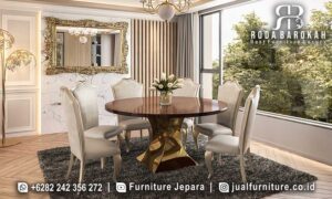 Jual Meja Makan Bundar Jepara dengan kaki besi hollow berbentuk unik dan finishing gold doff, sempurna untuk memberi nuansa elegan dan modern minimalis di rumah Anda.