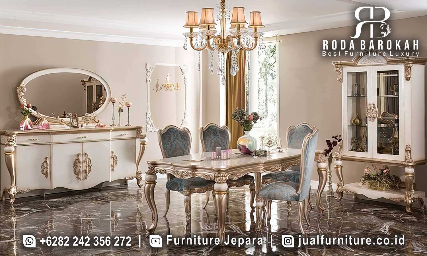 Jual Meja Makan Klasik Mewah Casablanca Desain Eksklusif FS1280, terbuat dari kayu jati dengan kaki ukiran elegan, sempurna untuk nuansa klasik modern di rumah Anda.
