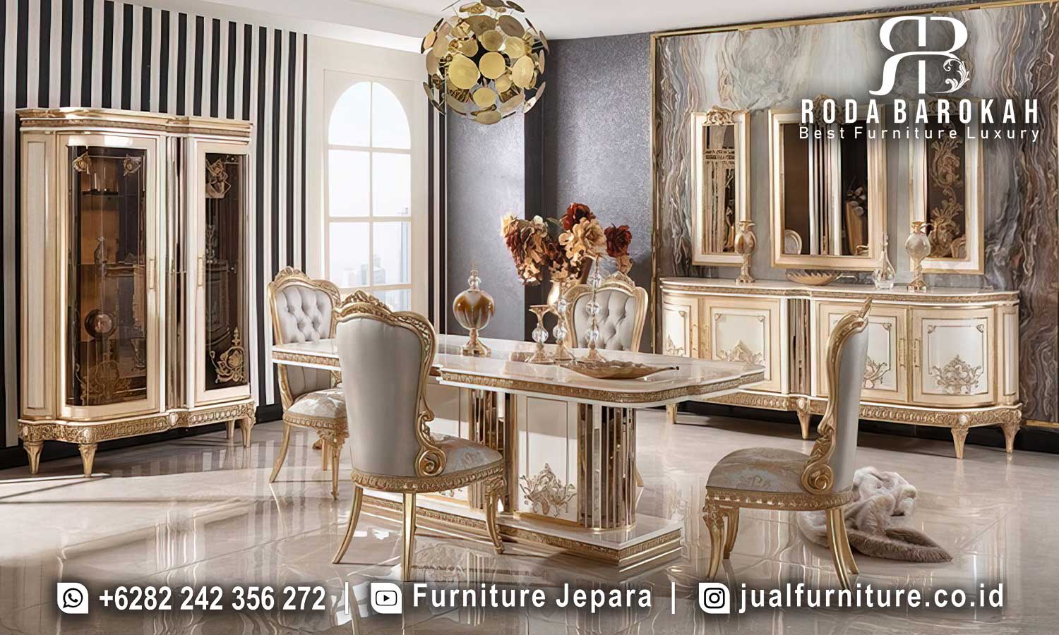 Jual Meja Makan Mewah Grandeur Tampilan Elegan FS1254 dari kayu jati dengan kaki emas dan busa tebal, sempurna untuk suasana makan keluarga yang mewah.