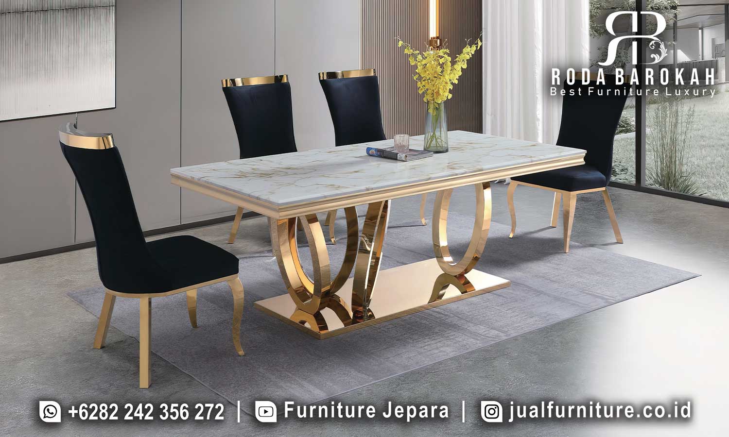 Jual Meja Makan Mewah Santorini kualitas premium FS1148, terbuat dari marmer putih dengan finishing gold plating, sempurna untuk menambah nuansa elegan di ruang makan Anda.