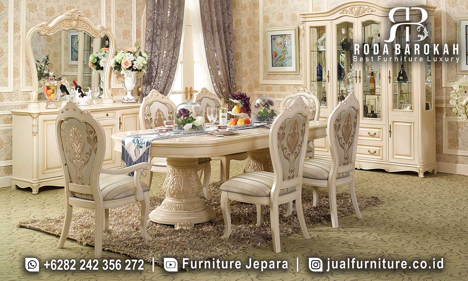 Jual Meja Makan Mewah Siena Seniman Jepara FS1194 dengan desain klasik elegan, kayu jati doff, dan pilar tengah ukir, sempurna untuk melengkapi ruang makan.