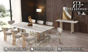 Jual Meja Makan Stainless Mewah Eleganza Konstruksi Solid FS1171 dengan kaki stainless steel finishing doff, sempurna untuk menambah nuansa elegan di rumah Anda.