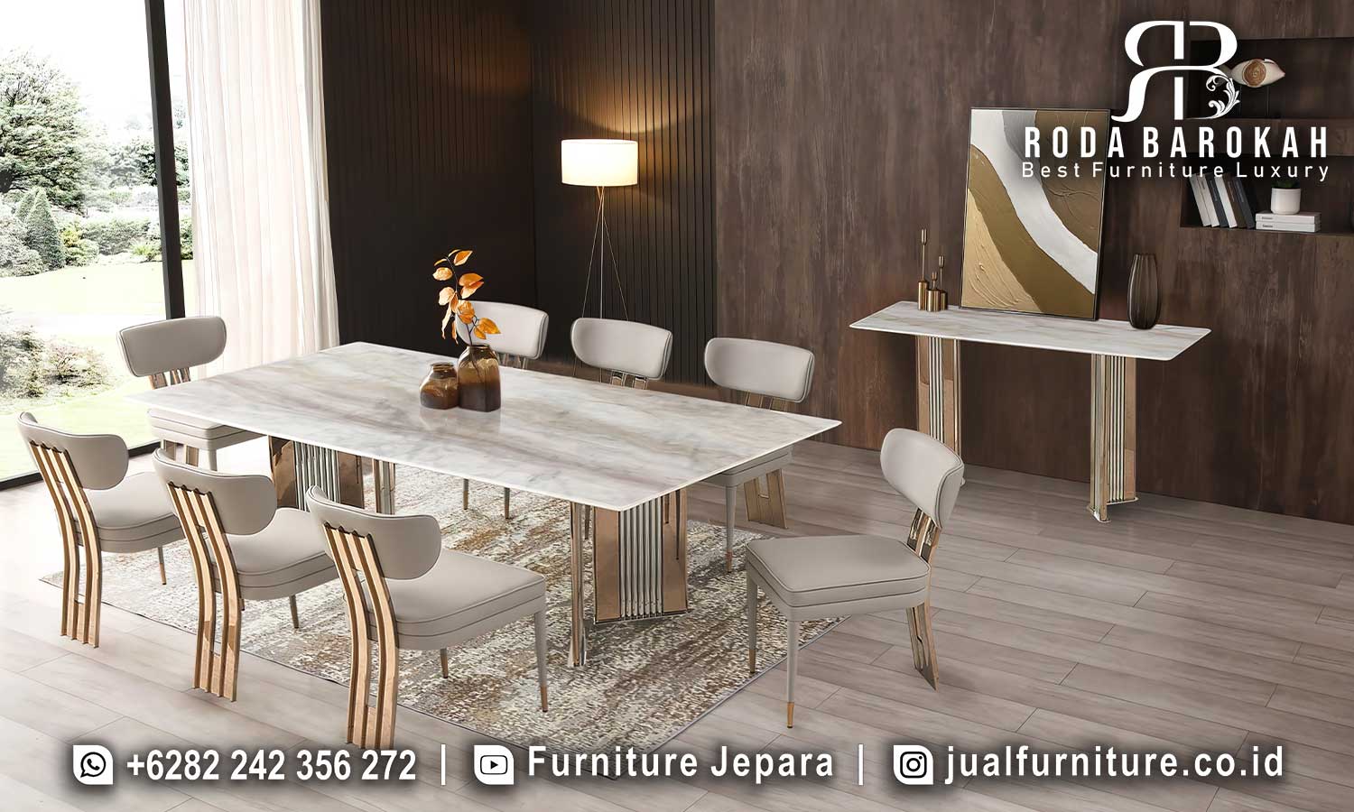 Jual Meja Makan Stainless Mewah Eleganza Konstruksi Solid FS1171 dengan kaki stainless steel finishing doff, sempurna untuk menambah nuansa elegan di rumah Anda.