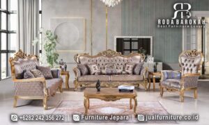 Jual Sofa Tamu Mewah Klasik dengan rangka kayu jati premium berfinishing gold, hadirkan elegansi dan kenyamanan tepat untuk ruang tamu Anda.