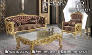 Jual Sofa Tamu Mewah Nobile dengan rangka kayu jati berfinishing gold doff dan kain bludru, sempurna untuk memberikan nuansa klasik modern yang elegan.