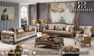 Jual Sofa Tamu Ukir Eleganza Antik Elegan FS1260, hadir dengan rangka besi hollow berfinishing emas dan busa density, sempurna untuk ruang tamu bergaya modern klasik.