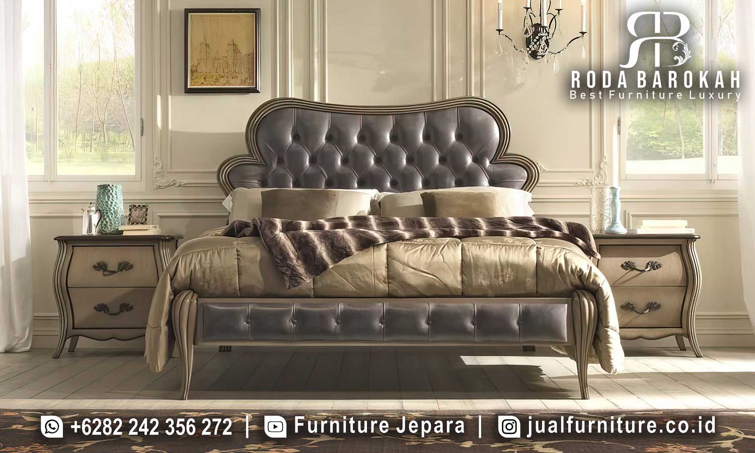 Jual Tempat Tidur Mewah Cordoba Kesan Antik FS1144 dengan rangka kayu jati dan kain bludru elegan, sempurna untuk menghadirkan nuansa klasik modern di kamar Anda.