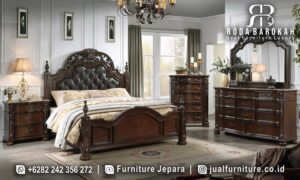Kamar Tidur Jati Mewah Positano Tampilan Klasik FS1165 hadir dengan kayu jati dan ornamen ukiran elegan, sempurna untuk kamar tidur yang berseni dan nyaman.