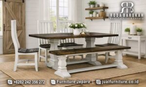 Meja Makan Jati Minimalis Casablanca Motif Elegan FS1135 dengan kaki pilar dan finishing cat duco putih, sempurna untuk gaya minimalis modern di rumah Anda.