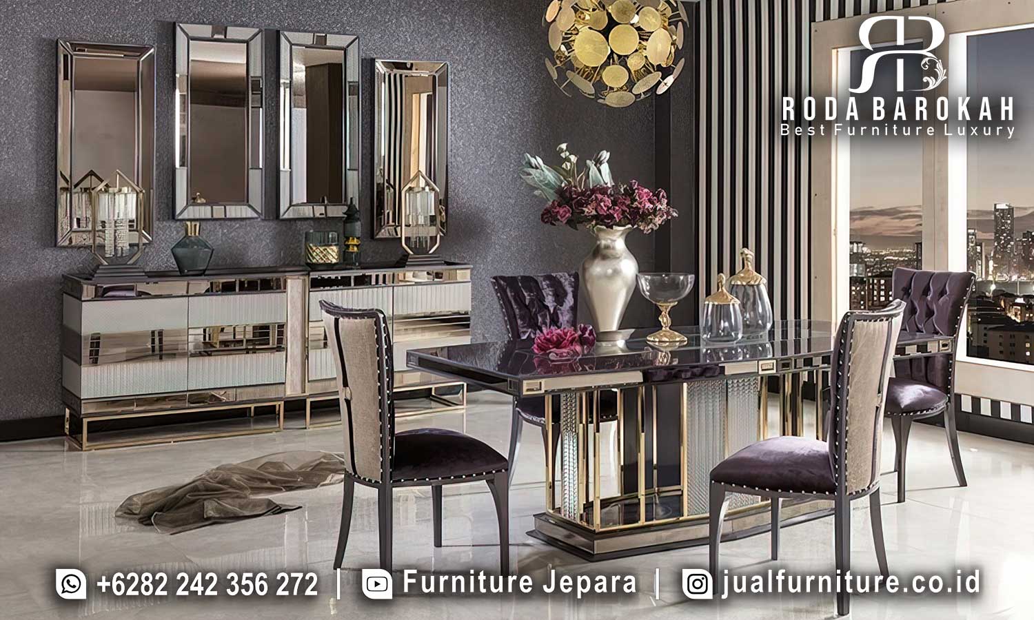 Meja Makan Mewah Lucca Relief Detail FS1265 hadir dengan kaki metal finishing emas dan kaca marmer, sempurna untuk menambah nuansa elegan di rumah Anda.