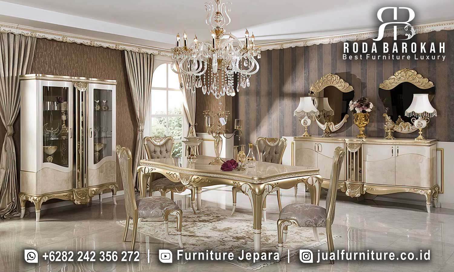 Meja Makan Mewah Terbaru Ravenna Tahan Lama FS1253, terbuat dari Kayu Jati dengan finishing Doff Gold, menggabungkan gaya Klasik dan kenyamanan kain bludru.