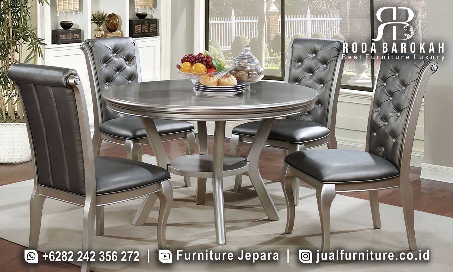 Meja Makan Minimalis Mewah Bundar Bourbon Kesan Prestisius FS1184 hadir dengan kaki melengkung dari besi hollow, kulit sintetis elegan, dan finishing doff.