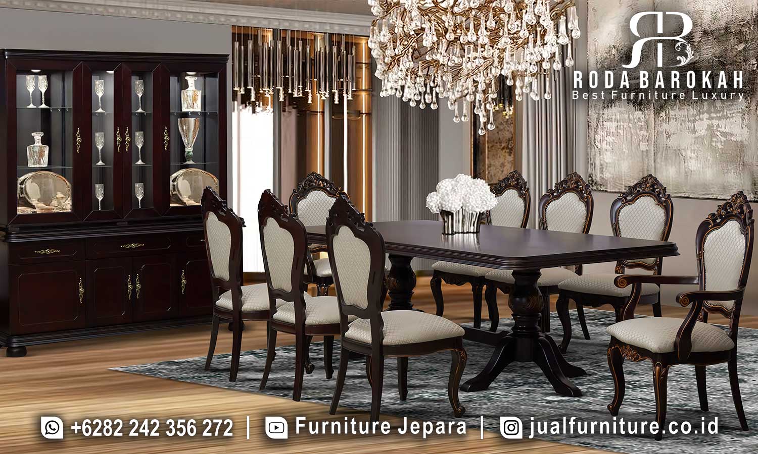 Model Meja Makan Jepara Jati Casablanca Kokoh Kuat FS1160 menghadirkan elegansi klasik dengan kaki berukir dan busa density, ideal untuk ruang makan yang mewah.