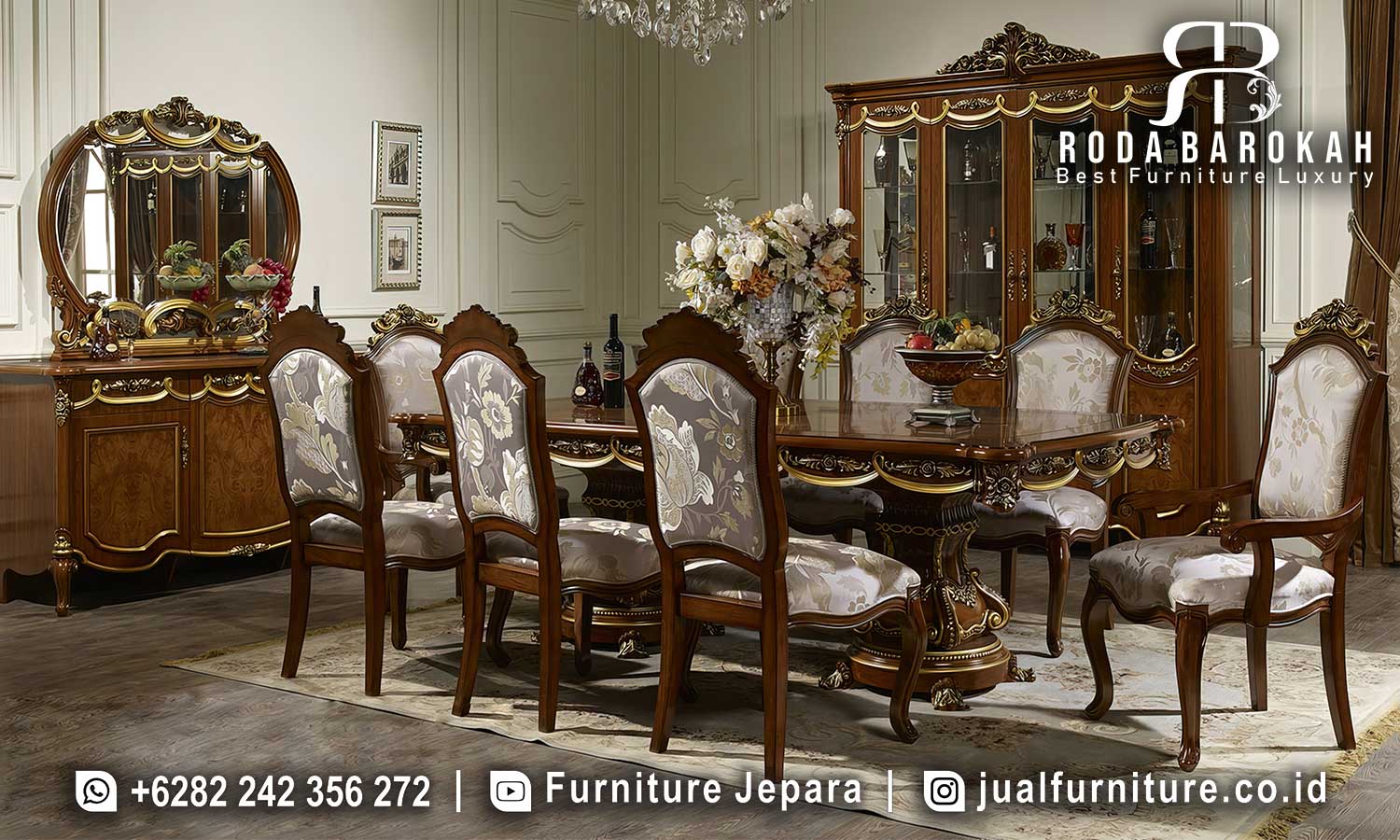 Model Meja Makan Mewah Jati Viennese Workshop Jepara FS1196 hadir dengan kayu jati, finishing H glossy, dan kaki berukir yang elegan modern dan klasik.