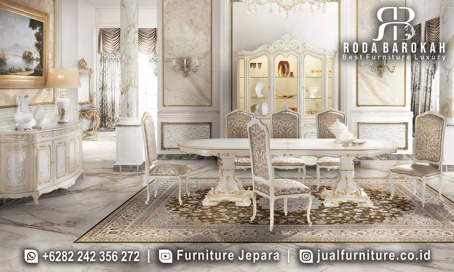 Model Meja Makan Mewah Klasik Ferrara Ukiran Detail FS1136, terbuat dari kayu jati dengan finishing cat duco gold, menambah kesan elegan dan mewah