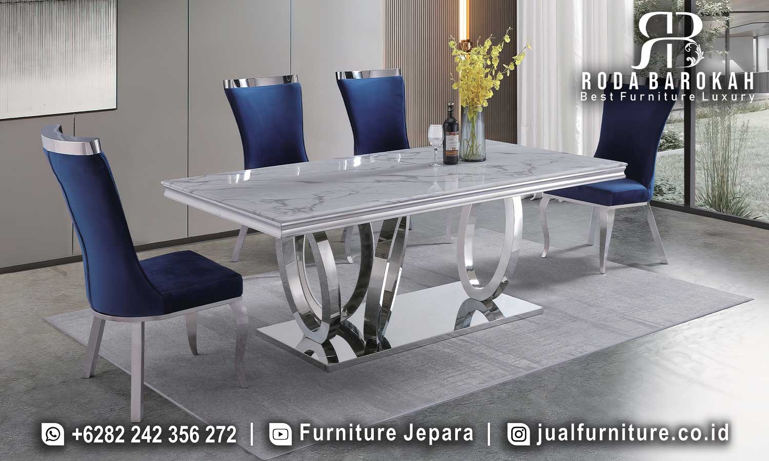 Model Meja Makan Mewah Stainless Siena Bernuansa Antik FS1146 menghadirkan elegan modern dengan kaki oval dan finishing krom, sempurna untuk ruang makan.