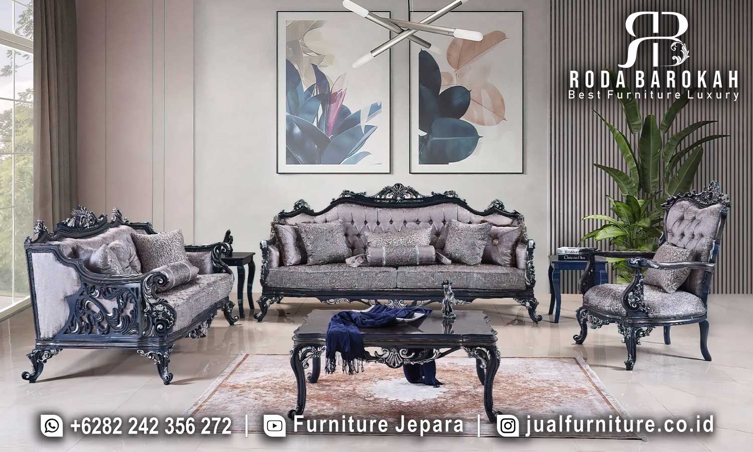 Model Set Sofa Klasik Mewah Jepara Padova Desain Timeless FS1176 mengusung rangka kayu jati dengan finishing hitam doff dan busa density, sempurna untuk ruang tamu elegan.