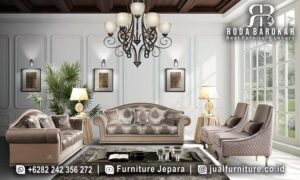 Model Sofa Mewah Ruang Tamu Capri Stabil Kokoh FS1126 terbuat dari kayu jati dengan finishing Holz, memberikan gaya elegan dan tahan lama untuk ruang tamu Anda.