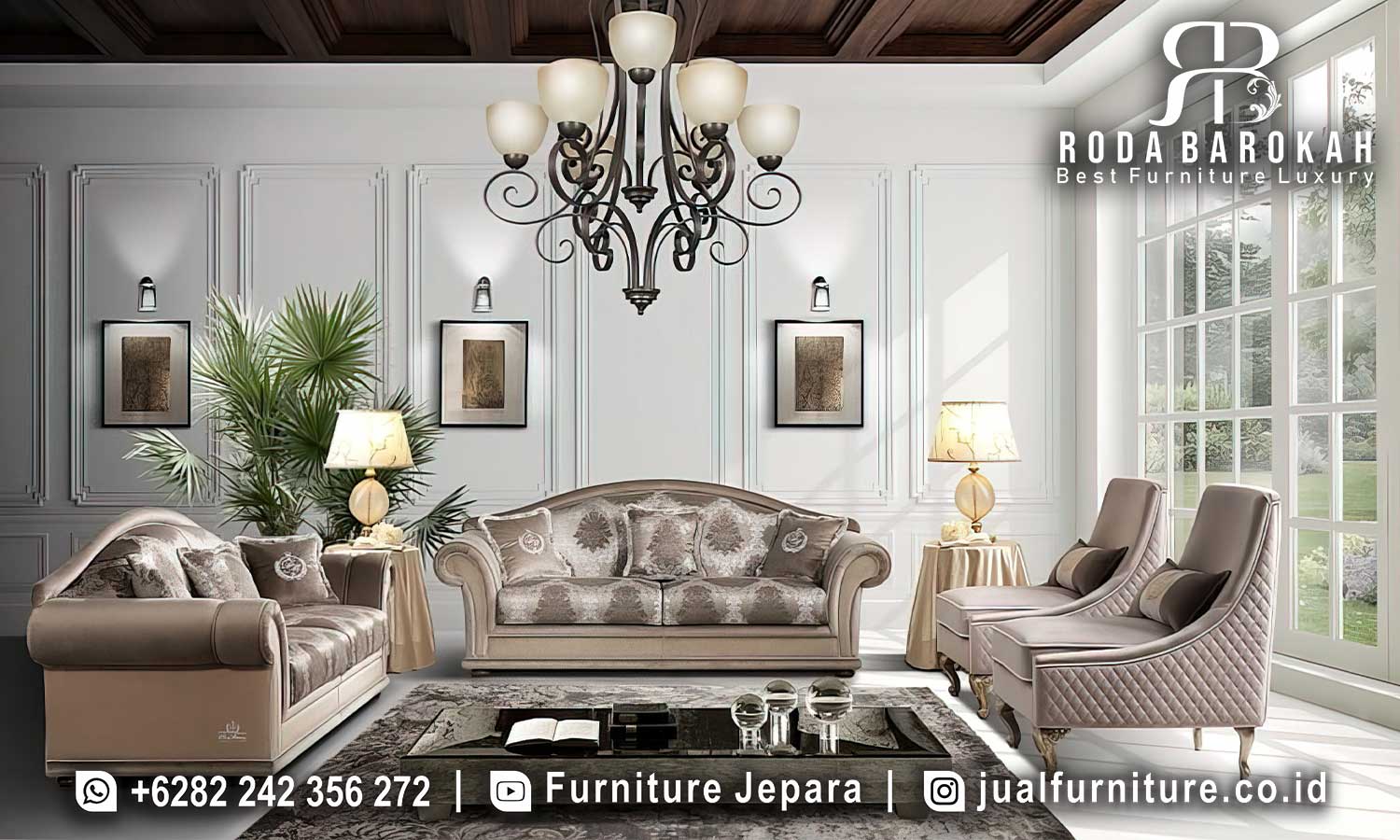 Model Sofa Mewah Ruang Tamu Capri Stabil Kokoh FS1126 terbuat dari kayu jati dengan finishing Holz, memberikan gaya elegan dan tahan lama untuk ruang tamu.