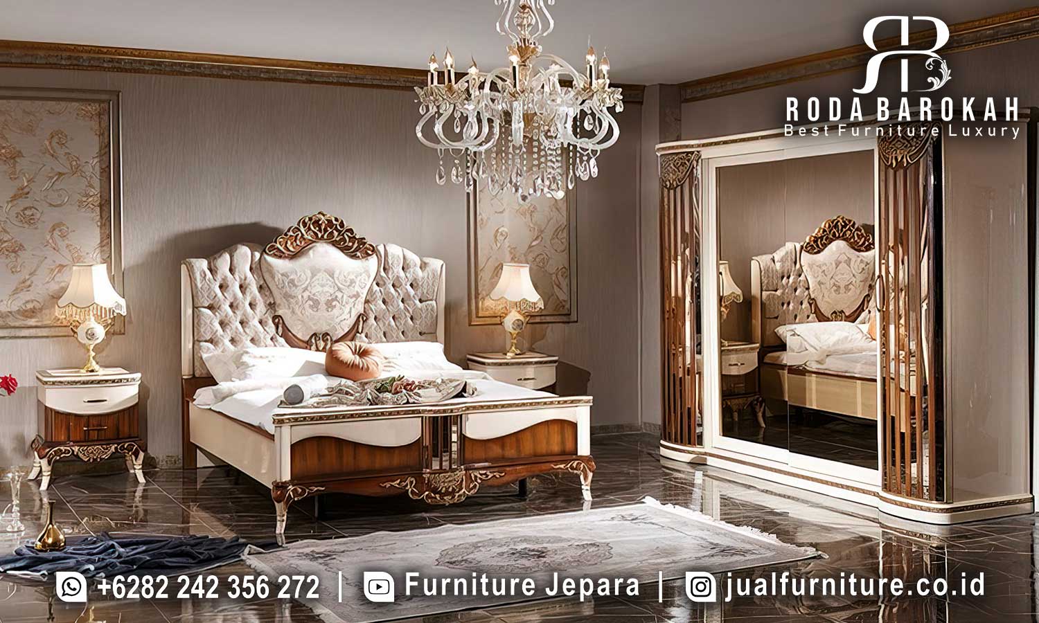 Model Terbaru Tempat Tidur Mewah Capri Desain Eksklusif FS1262 menawarkan elegansi klasik Eropa dengan rangka kayu jati finishing lacquer dan busa density untuk kenyamanan optimal.