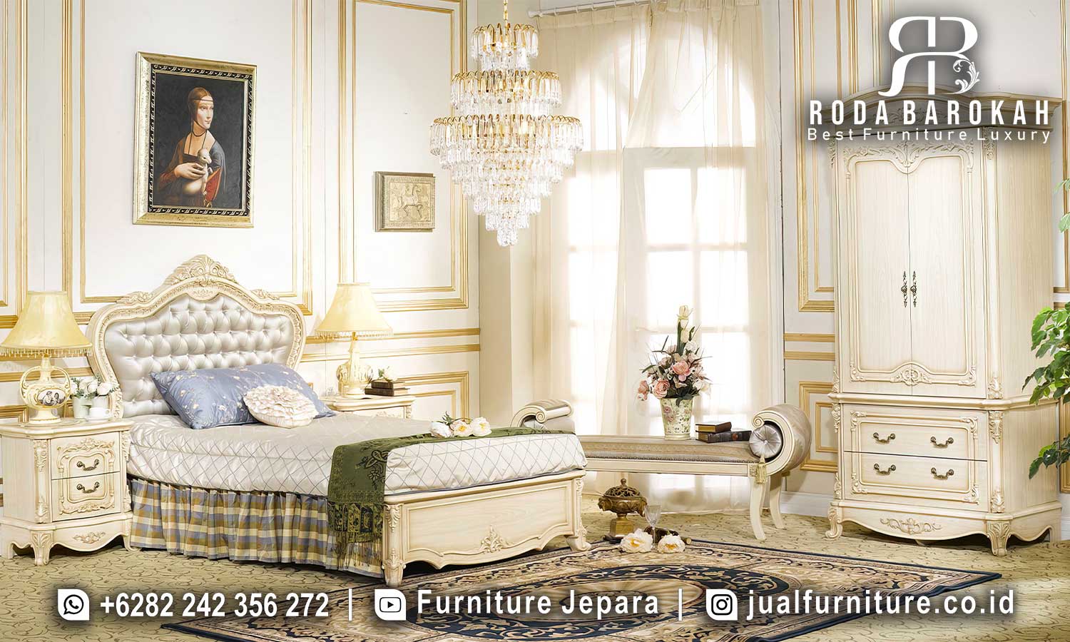Set Kamar Tidur Mewah Venesia Pengrajin Jepara FS1215 hadir dengan rangka kayu jati berliveau gilded dan ornament ukiran yang elegan, sempurna untuk interior klasik.