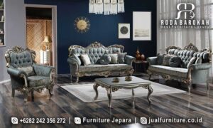 Set Kursi Tamu Mewah Cordoba Rangka Kokoh FS1246 hadir dengan rangka kayu jati dan finishing emas, memberikan sentuhan elegan untuk ruang tamu Anda.
