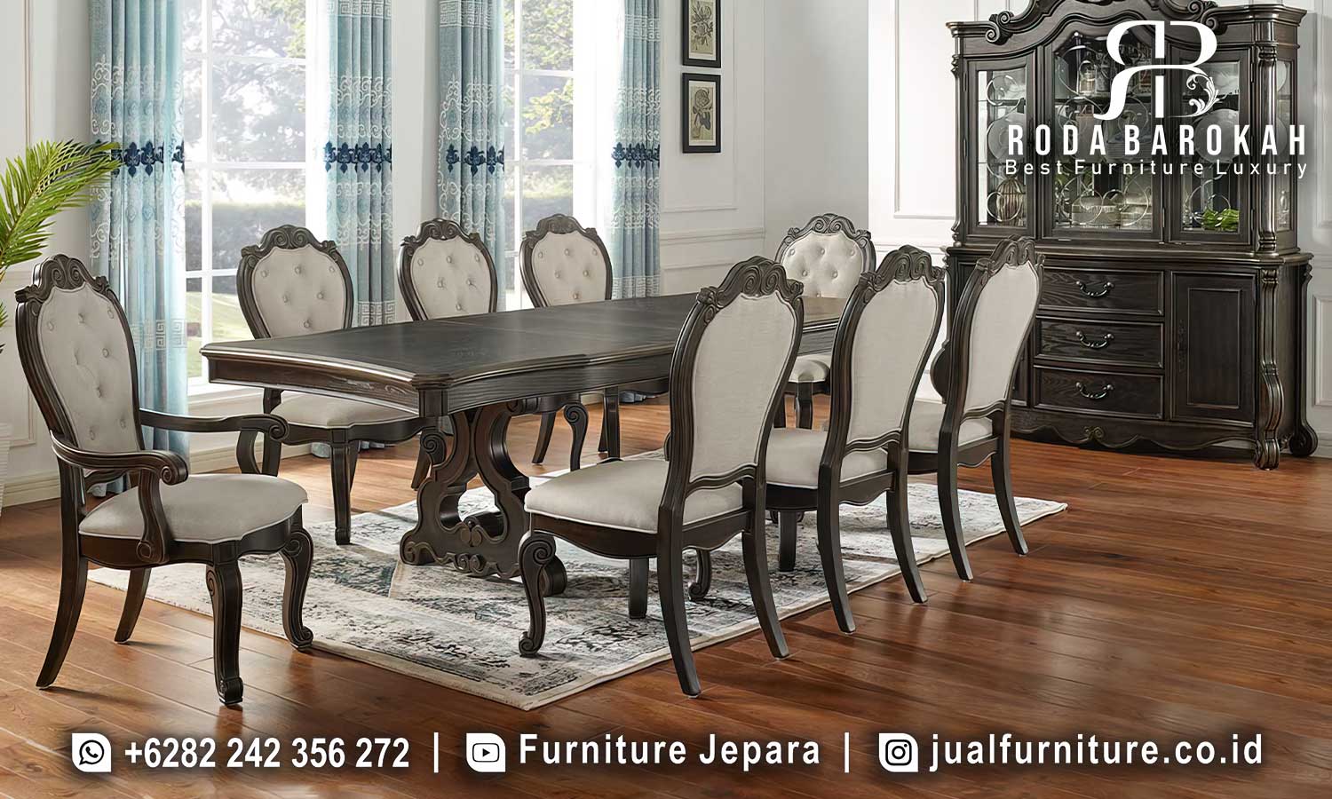Set Meja Makan Jati Jepara ini terbuat dari kayu jati dengan finishing Holz Coklat Tua, desain elegan dan tahan lama, sempurna untuk ruang makan Anda.